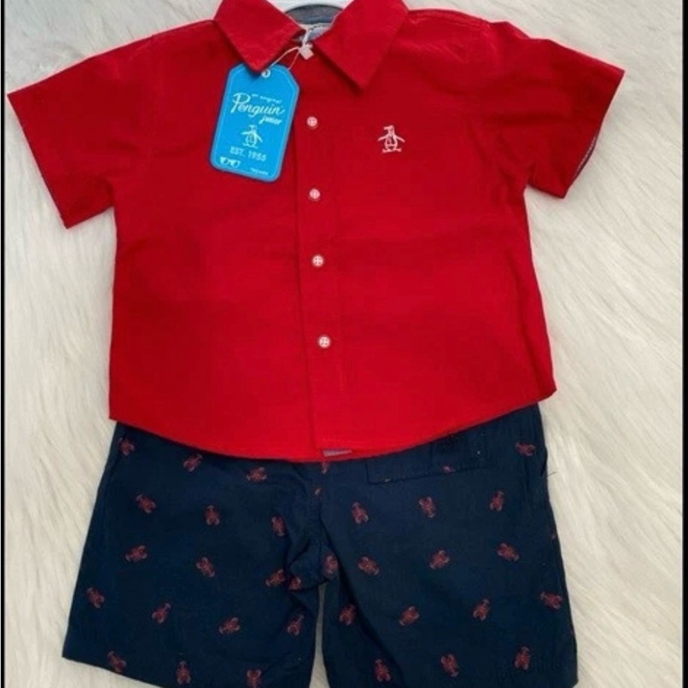 Original Penguin Baby Boy Shirt And Shorts Set In Red/Navy Size 3T